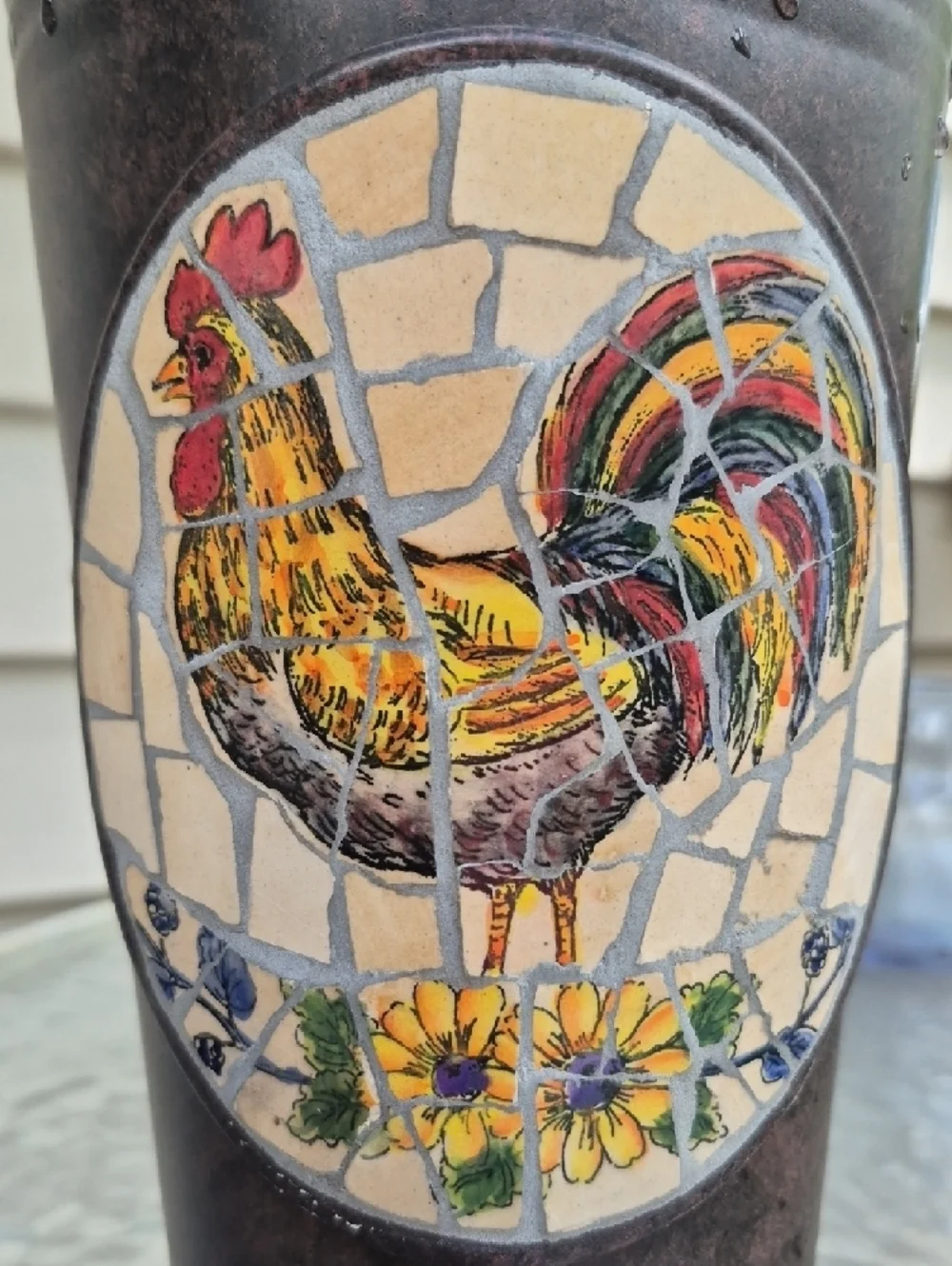 Vintage Rustic Metal Mosaic pique assiette Rooster Farmhouse Vase Tin